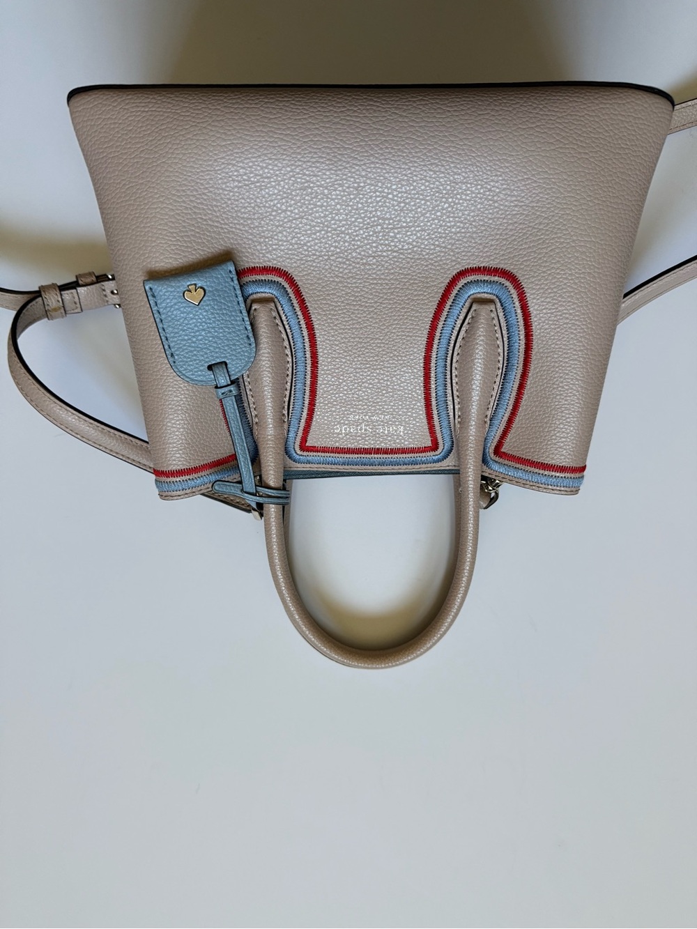 Kate Spade Eva Small Satchel Warm Beige Blue Red Embroidered Leather Bag purse - Picture 3 of 9